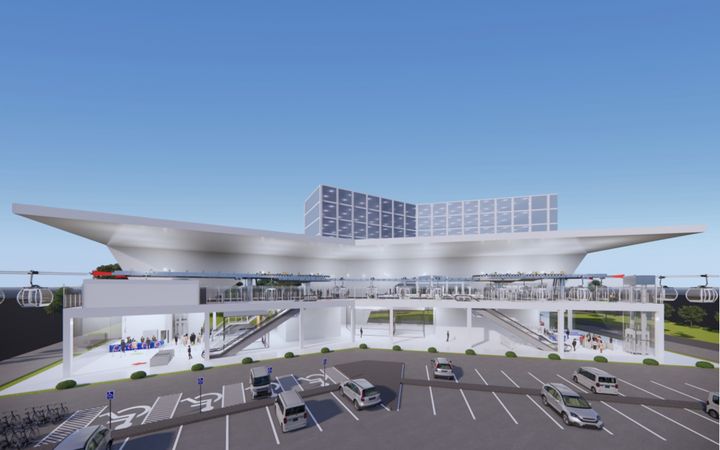 Rendering showing barrier-free pedestrian access and ramps at a cable car station connected to Manila’s MRT 4 system